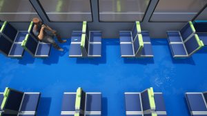 Looking down on a virtual train carriage