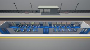 Looking sideways at a virtual train carriage in a station