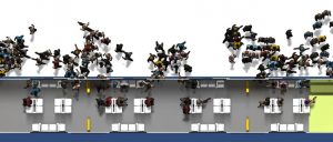 Looking down at an animation of people entering and exiting a train carriage