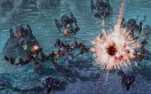 Still image from a computer game showing a flying machine bombing a landscape