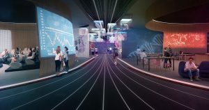 Architect's rendering of a modern gallery interior