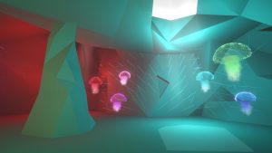 Virtual environment with jellyfish suspended in the air