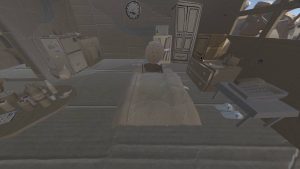 A scene from Anonymous. A cardboard man in a cardboard apartment