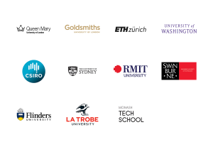 Logos of Queen Mart University, Goldsmiths University, ETH Zurich, University of Washington, CSIRO, University of Sydney, RMIT, Swinburne University, Flinders University, LaTrobe University, Monash Tech School