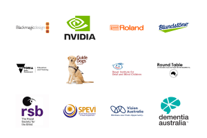 Logos of BlackMagic, NVIDIA, Roland, Blundstone, Department of Education, Guide Dogs Victoria, Royal Institute for Deaf and Blind Children, Round Table, RSB, SPEVI, Vision Australia, Dementia Australia