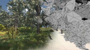 A simulation of a woodland landscape where half is finished and half is vector lines