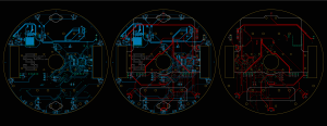 Circuit boards for a circular robot. Coloured lines on a black background