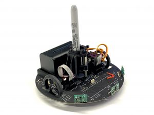 A circular robot with a pen vertically running through its middle